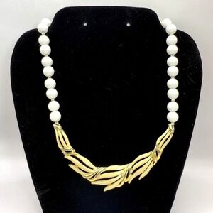 Vintage Gold Tone Abstract Collar Necklace with White Bead Accents